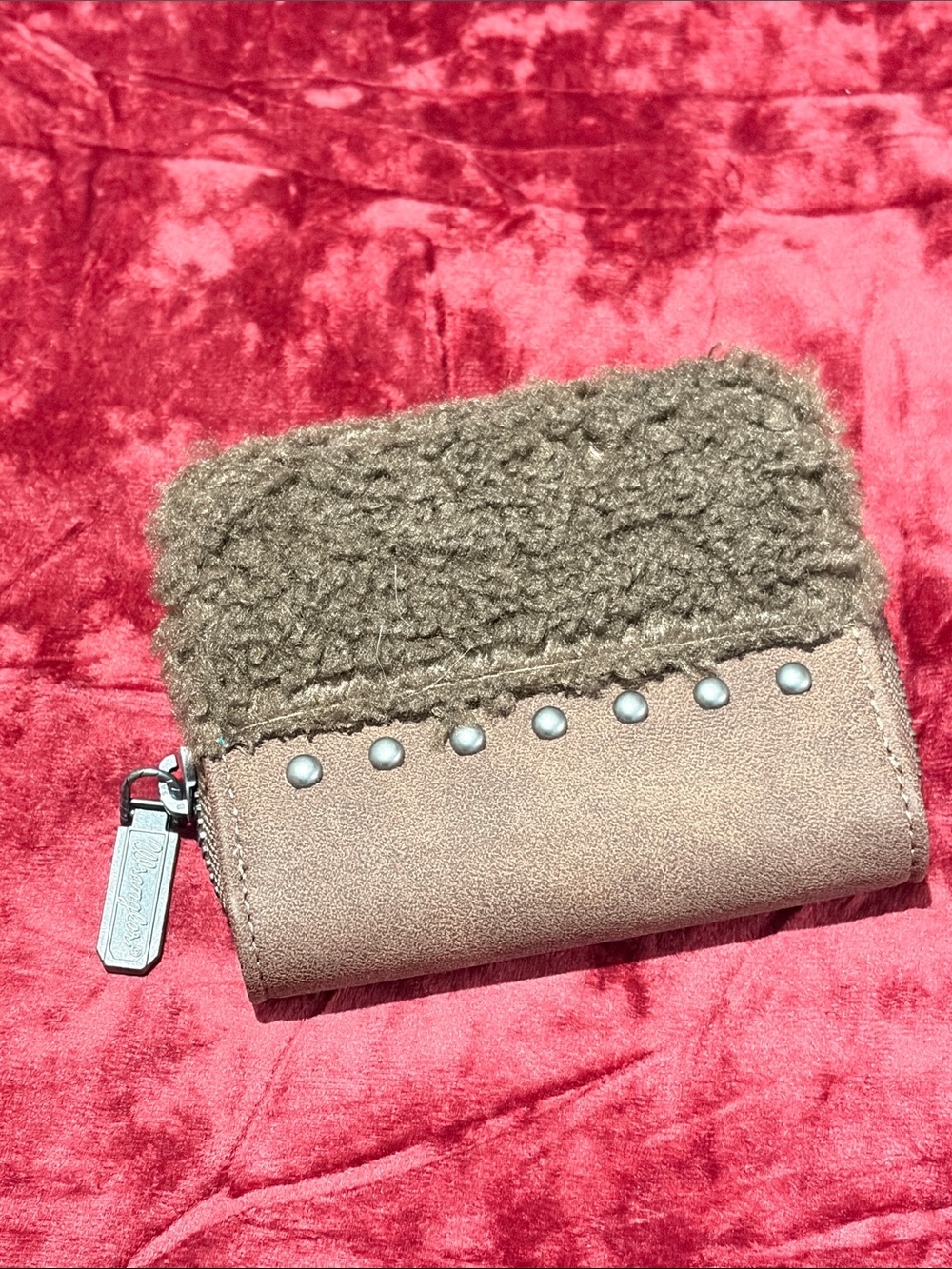 Wrangler Faux Brown Shearling Fur Trim Zip Wallet